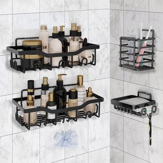 Set di 4 Pannelli per Doccia, Senza Forare, Nero, con 14 Ganci, con Dispenser per Detersivo e Ospite per Spazzolino da Denti, Ospite per Shampoo per Doccia, Organizzatore per la Stanza da Bagno.
