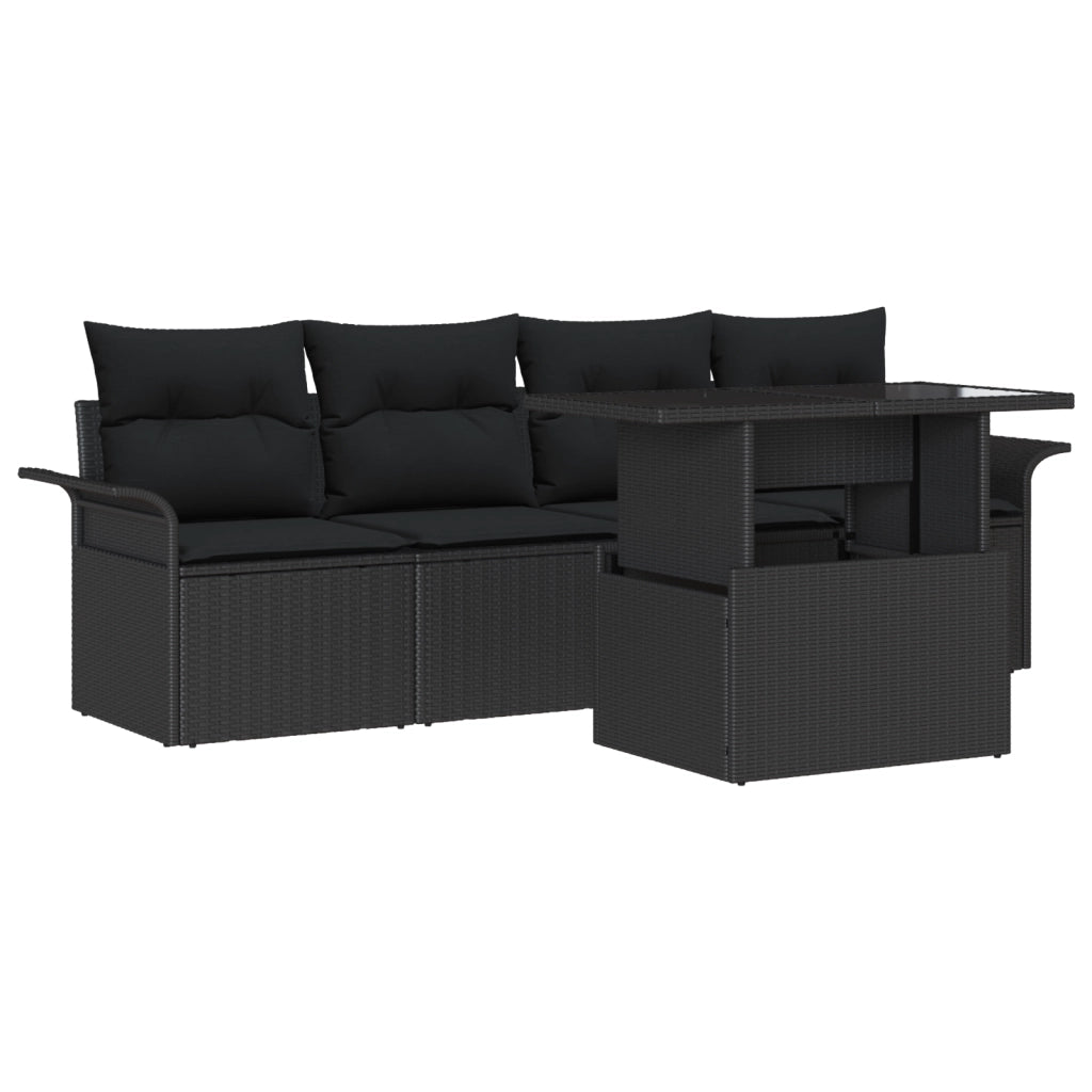 Set di divani da giardino 5 pezzi con cuscini nero in rattan sintetico