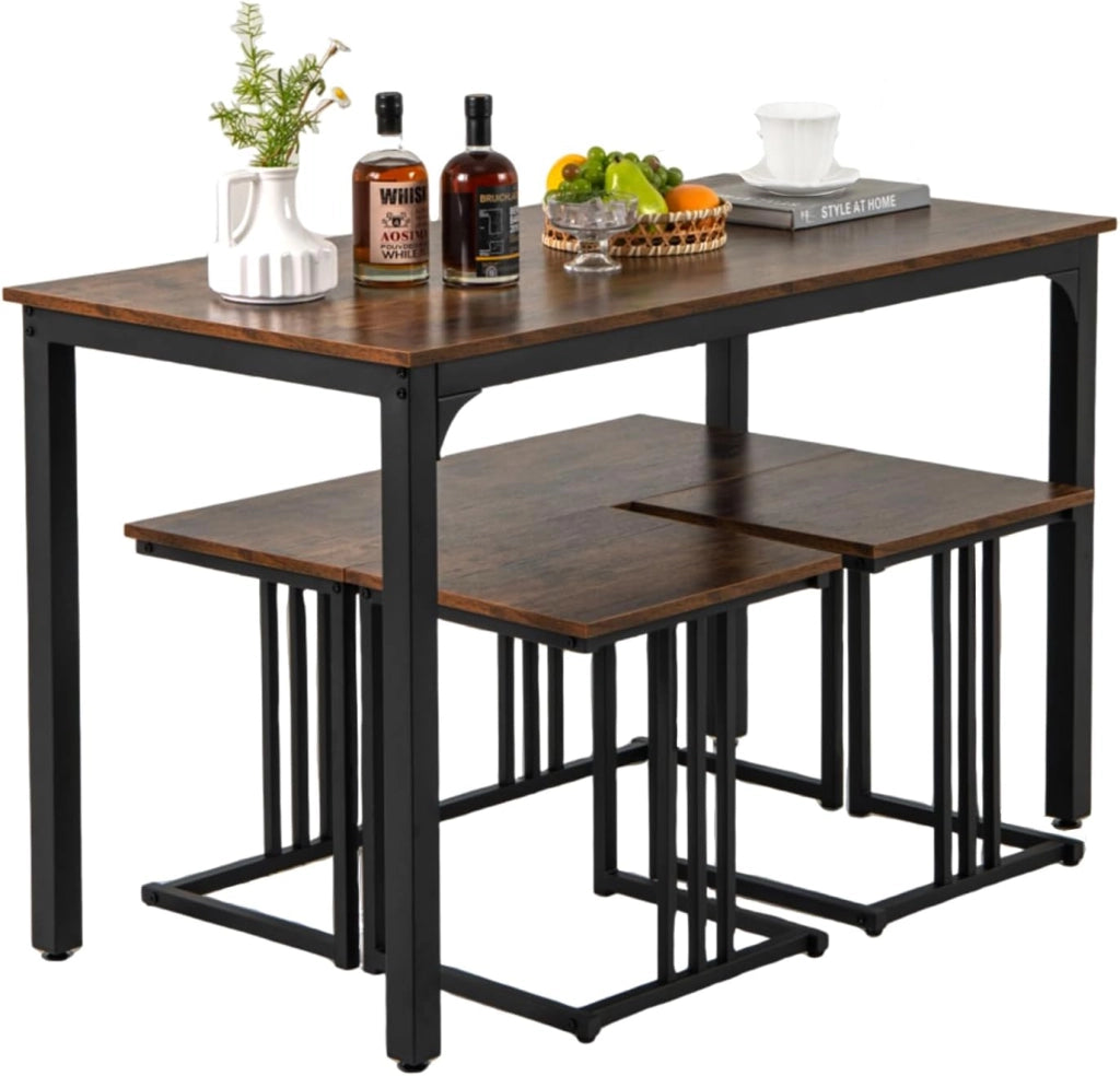 Set tavolo e sedia da pranzo 4 pezzi, tavolo da cucina 4 persone 120 x 60 x 75 con 1 panca e 2 sgabelli, struttura in metallo, per sala da pranzo, soggiorno, caffè (naturale)