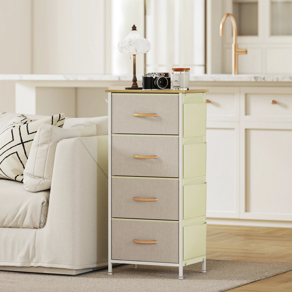 Cassettiera 4 Cassetti Pieghevoli 45x30x94,5 cm Struttura in Acciaio e Tessuto Beige
