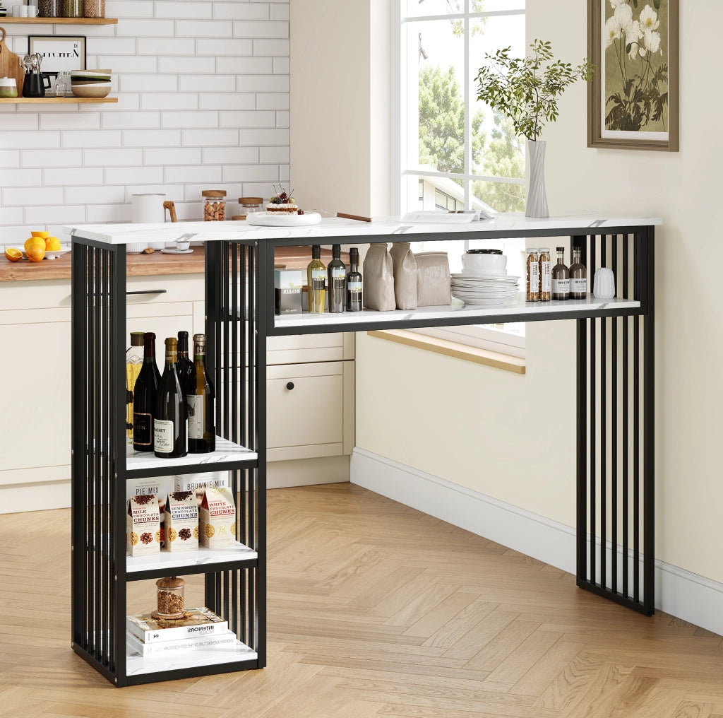 Tavolo da bar con ripiani 140 x 40 x 105 cm in MDF effetto marmo bianco e metallo nero