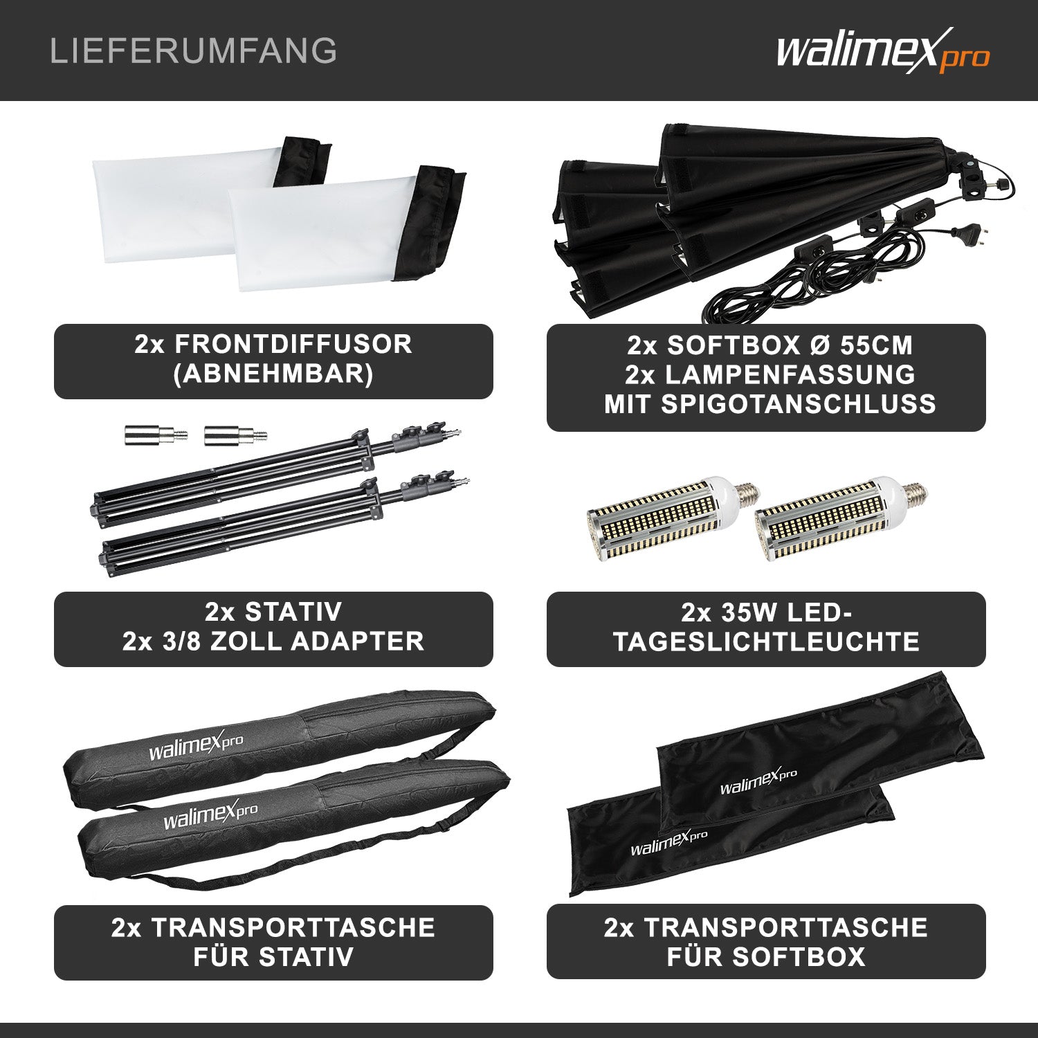 set 2 Softbox ottagonali 55 cm con LED 35 W 2 stativi per luci FT-8051 fino a 260 cm, luce diurna 5000 K, per studio foto set fotografico