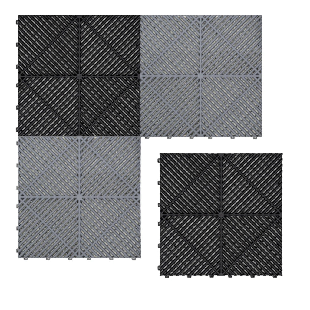 Piastrelle ventilate nere e grigie 6m x 6m per garage doppio e officine, antiscivolo.