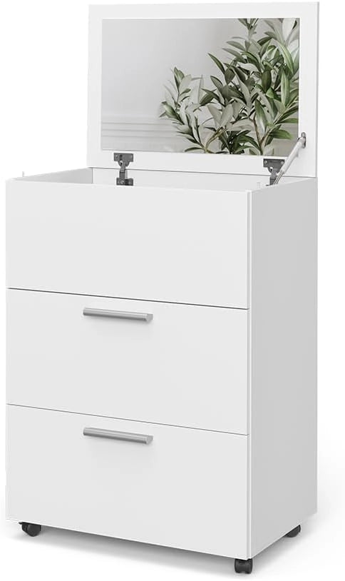 Tavolo da toeletta Hanna, Bianco, 65.8 cm con 2 cassetti, con specchio ribaltabile per l’uso come toeletta o cassettiera