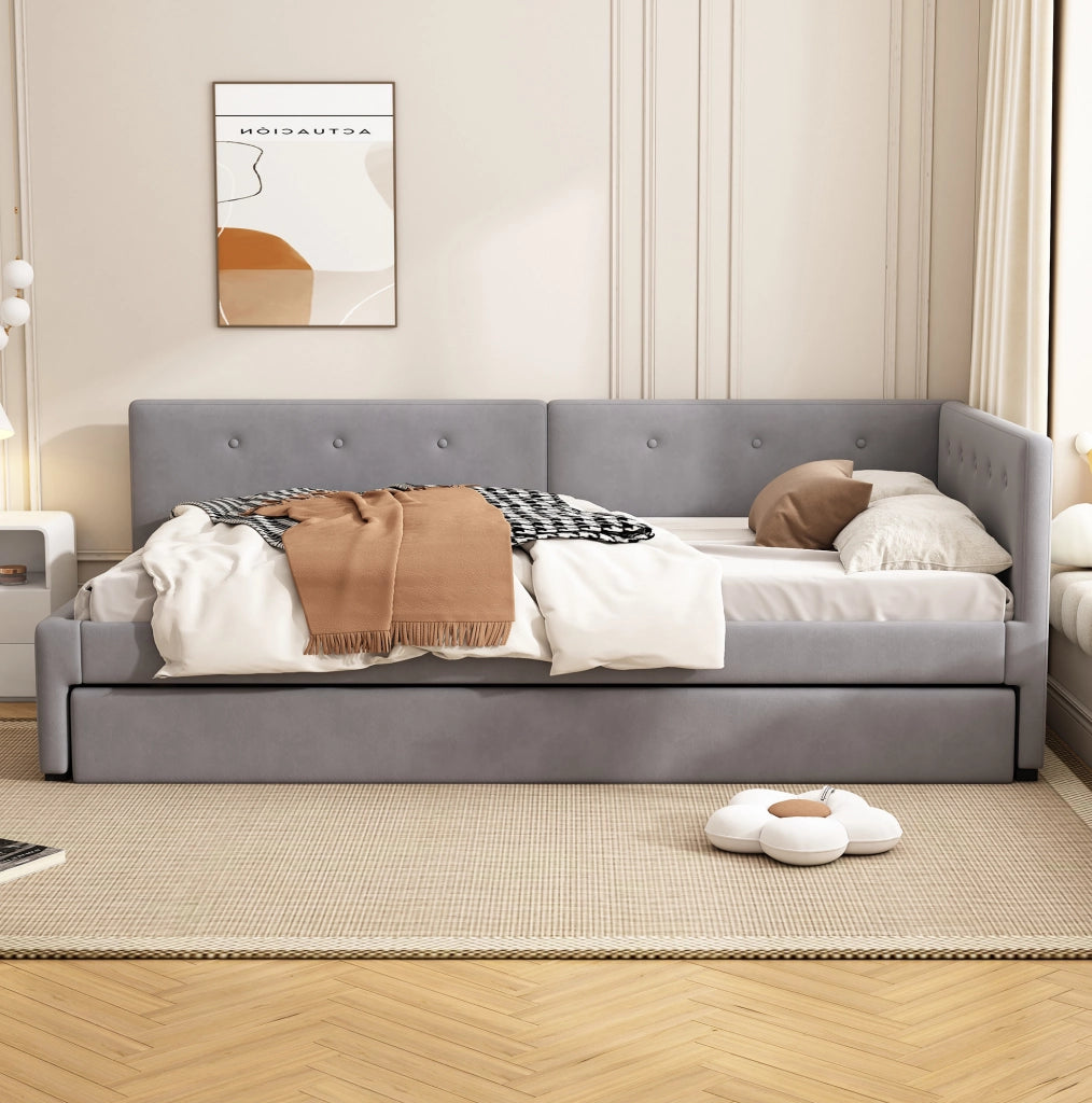 Letto singolo 90x200 cm con letto estraibile; velluto grigio