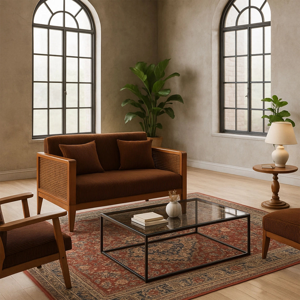 Boca Duo - Divano 2 Posti 143x80x84,5 cm Divanetto in Legno Massello Noce e Polyrattan con Cuscini Marrone