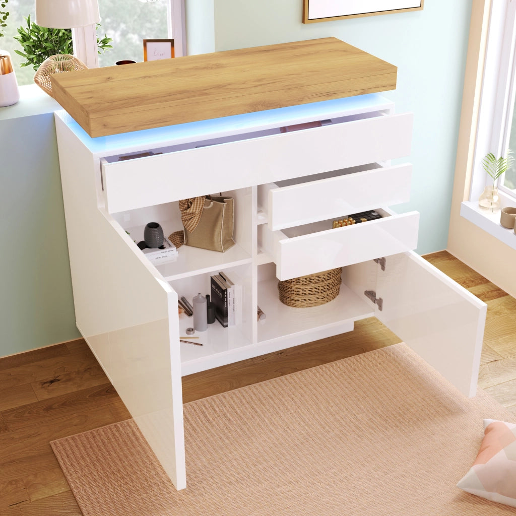 Cassettiera Sideboard con LED e Ante ¨C MINIMAL ¨C Bianco Lucido 115x110x39