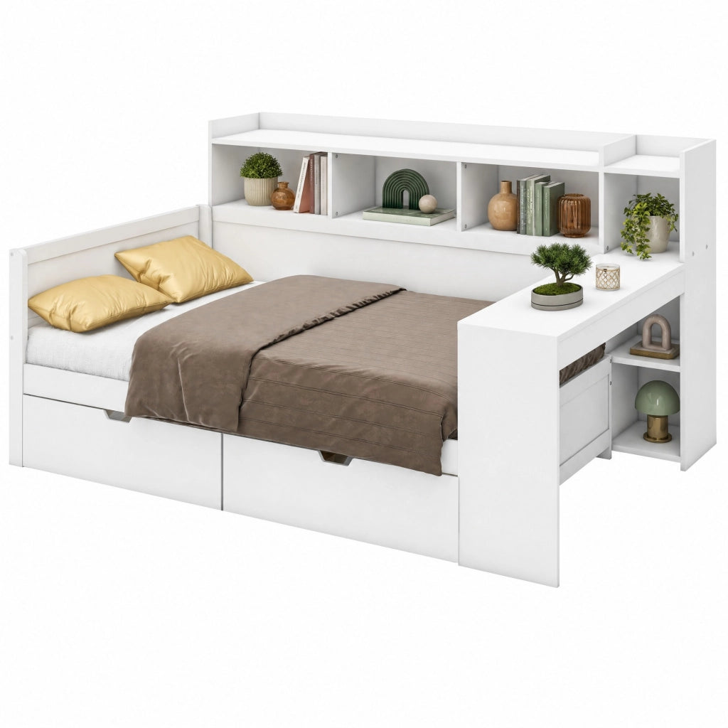 Letto singolo 90x200 cm con scrivania; 2 cassetti; presa di ricarica e USB; bianco