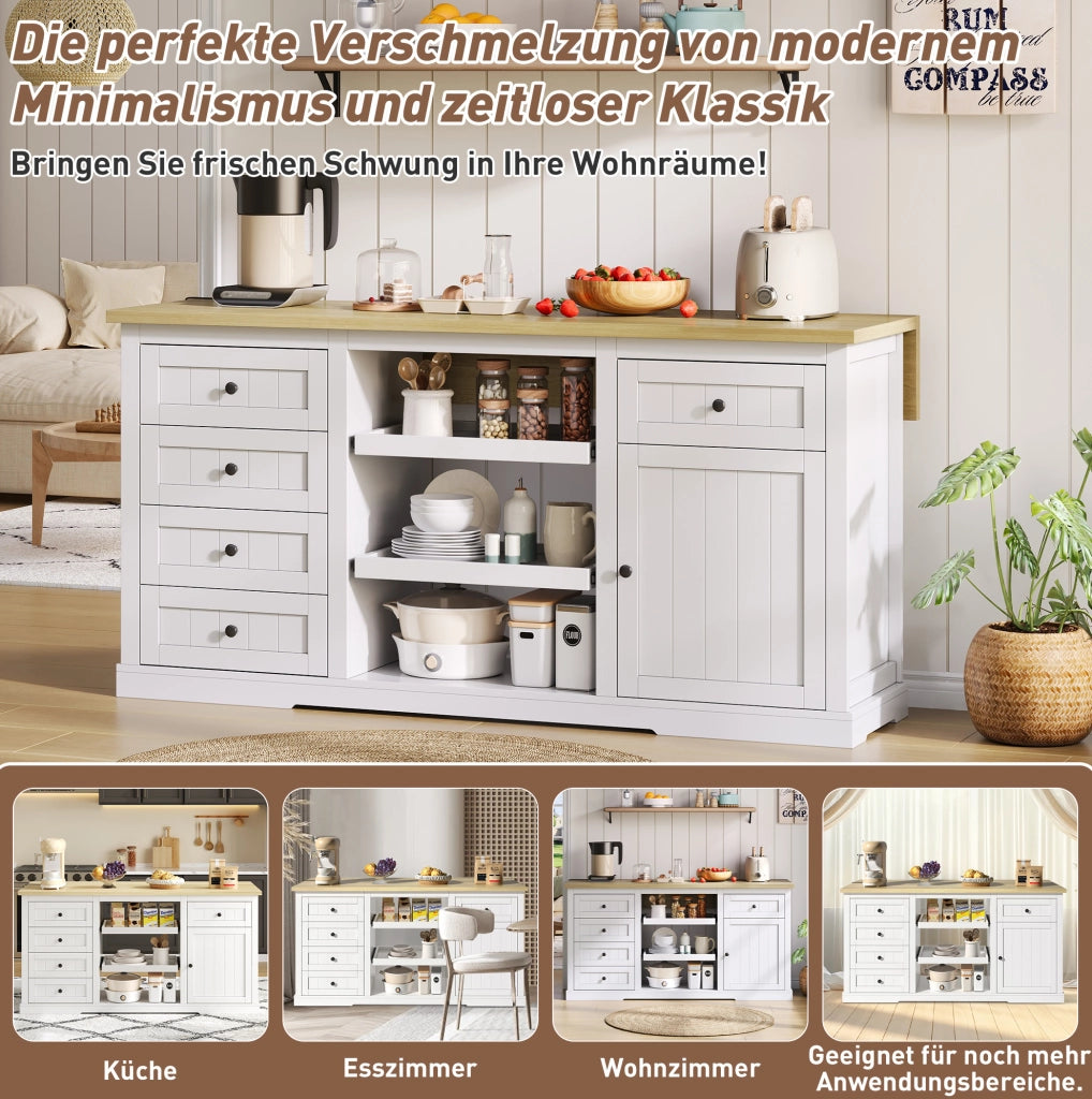 Isola cucina 150x65x75;5 cm in MDF bianco naturale con 5 cassetti e prese USB