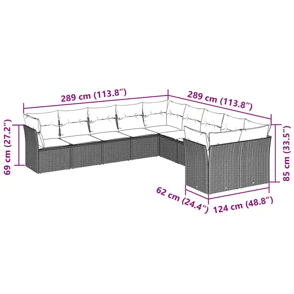 Set Divano Giardino 10 pz con Cuscini Grigio Chiaro Polyrattan 3218242