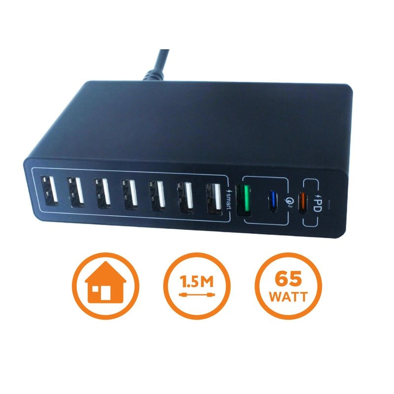 Alimentatore Caricabatterie USB da Muro 65W 2 USB Type C PD 1 USB QC3,0 7 USB Smart