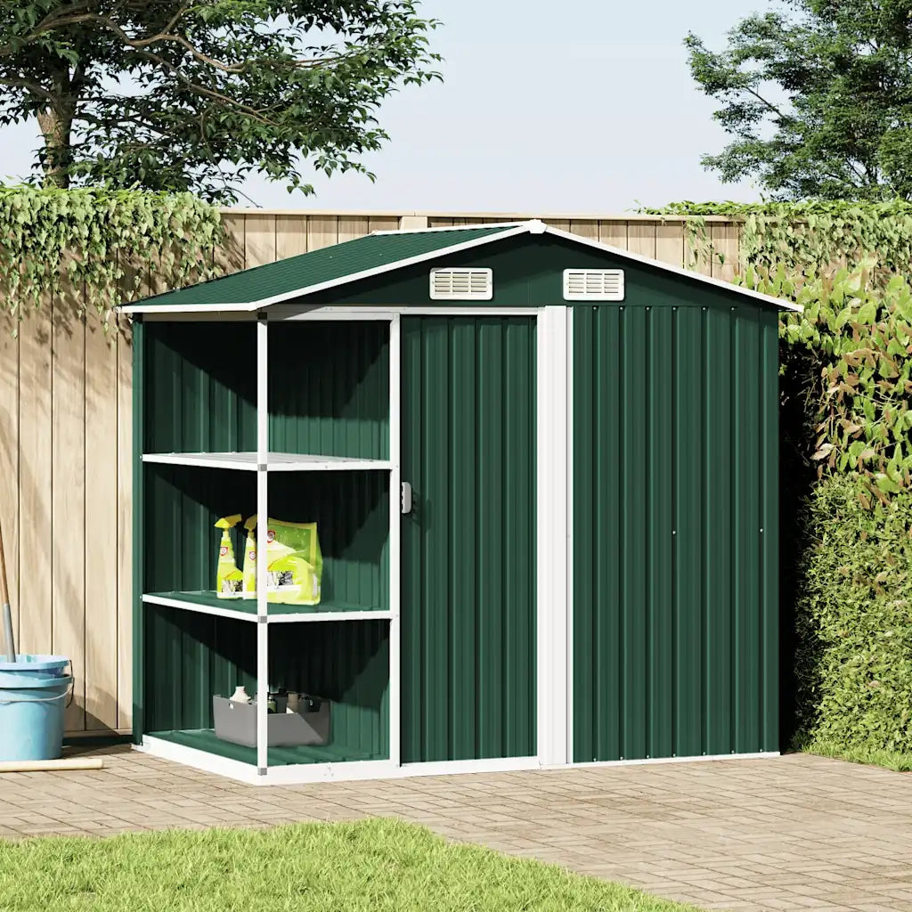 Capanno da Giardino con Scaffali Verde 205x130x183 cm in Ferro