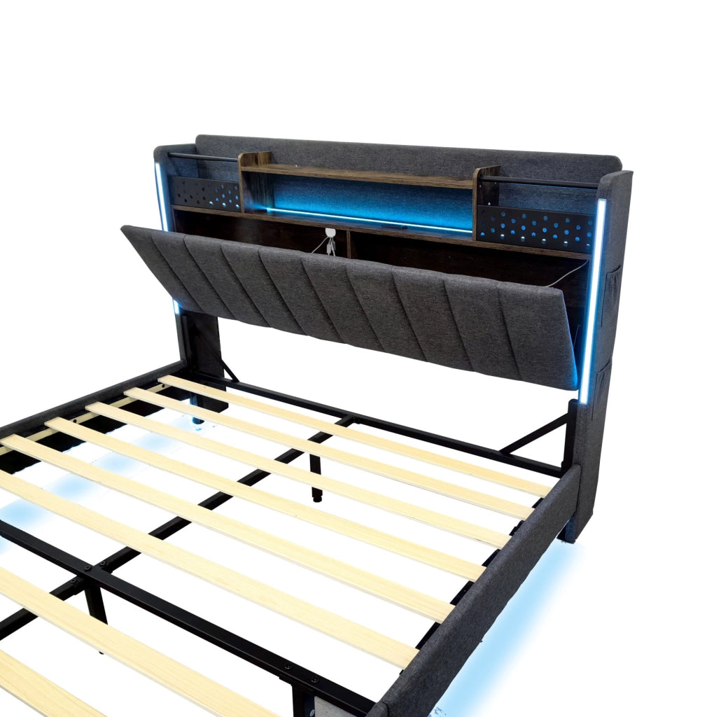 Letto matrimoniale imbottito 160x200 cm con LED; USB e testiera contenitore; grigio