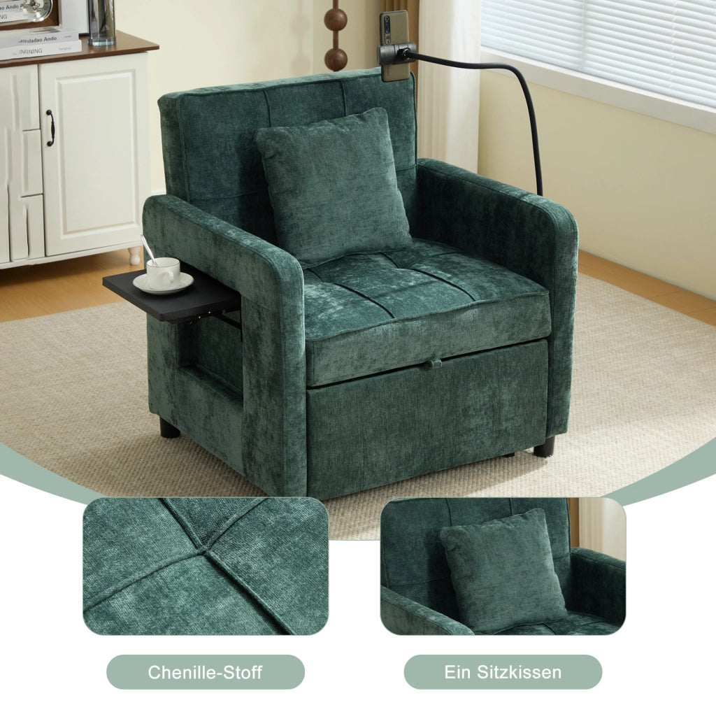 Poltrona letto 2 in 1 in tessuto Chenille verde con tavolino e scomparti portaoggetti