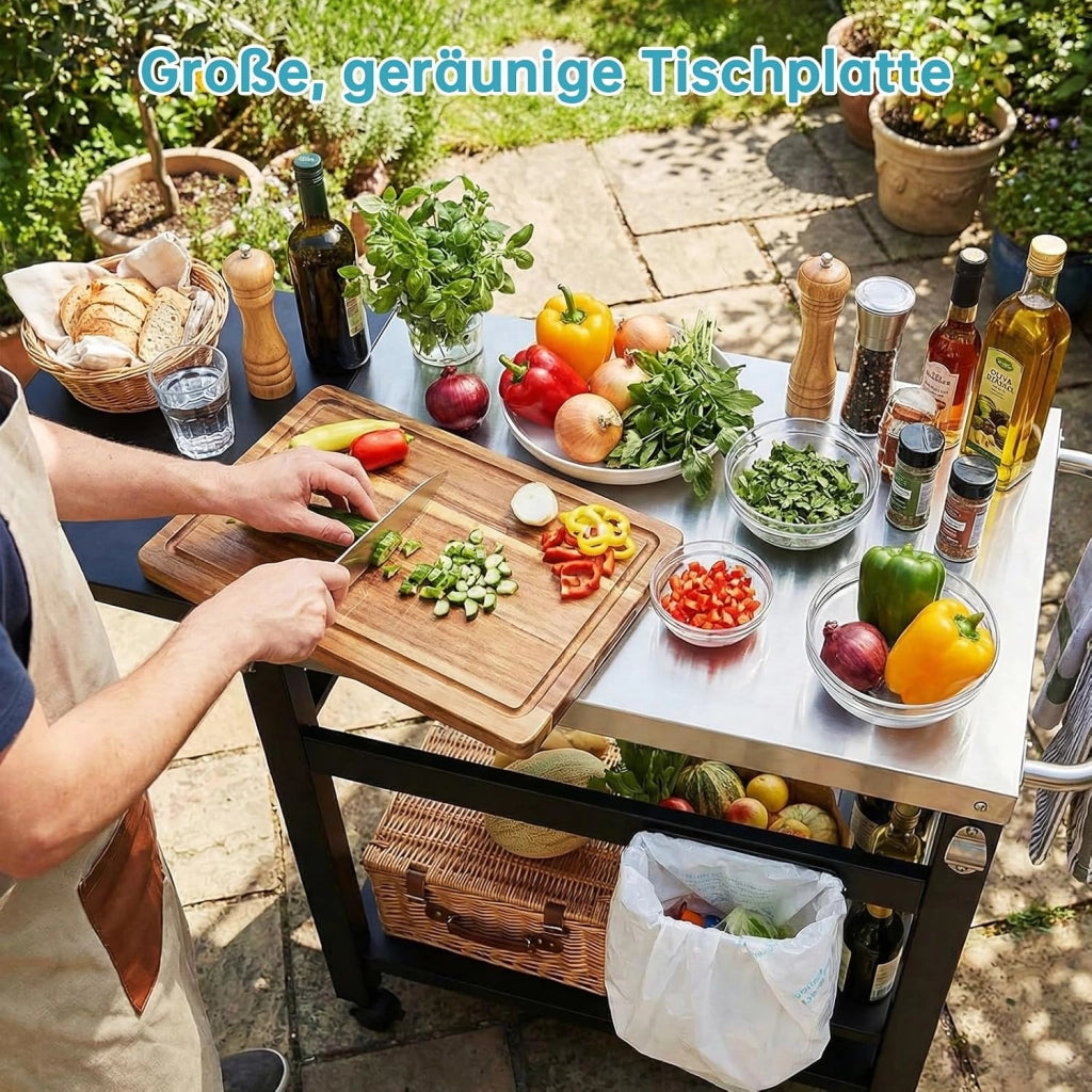 Carrello Barbecue per Esterni,Carrello da Pranzo Multifunzionale con Tavolo Laterale Pieghevole,Tavolo per Grigliare con Piano in Acciaio Inox,4 Ruote,Ganci e Portabottiglie,116x48.5x80.5 cm