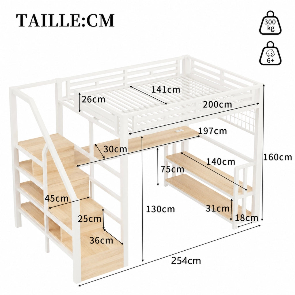LETTO A SOPPALCO 140x200 cm Metallo e MDF Bianco con scrivania