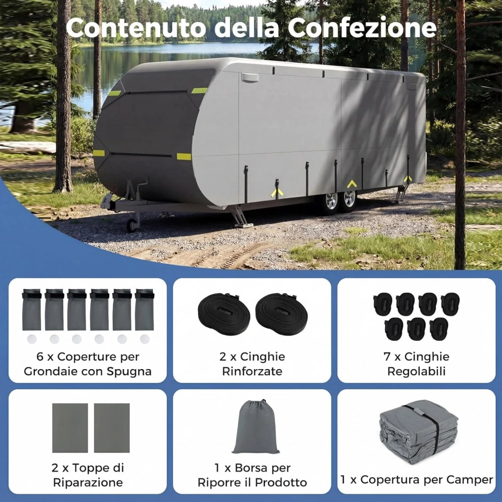 Telo Copri Roulotte, Copertura per Camper in Tessuto non Tessuto, con Cinghie, Toppe di Riparazione e Borsa da Trasporto, Impermeabile e Antivento (493 x 260 x 250 cm)
