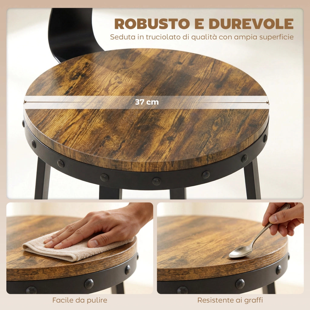 Set 2 Sgabelli da Bar Stile Rustico con Poggiapiedi, in Legno e Metallo, 37x47x96 cm, Marrone