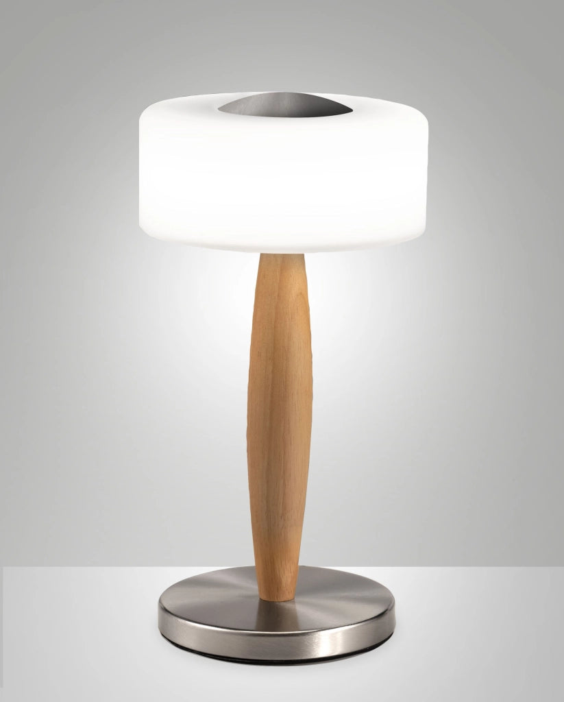 Lampada da tavolo Elea LED 8W 860lm 3000K, Struttura in metallo, legno e vetro soffiato con regolazione luce al tocco, Colore Nichel satinato - Elea