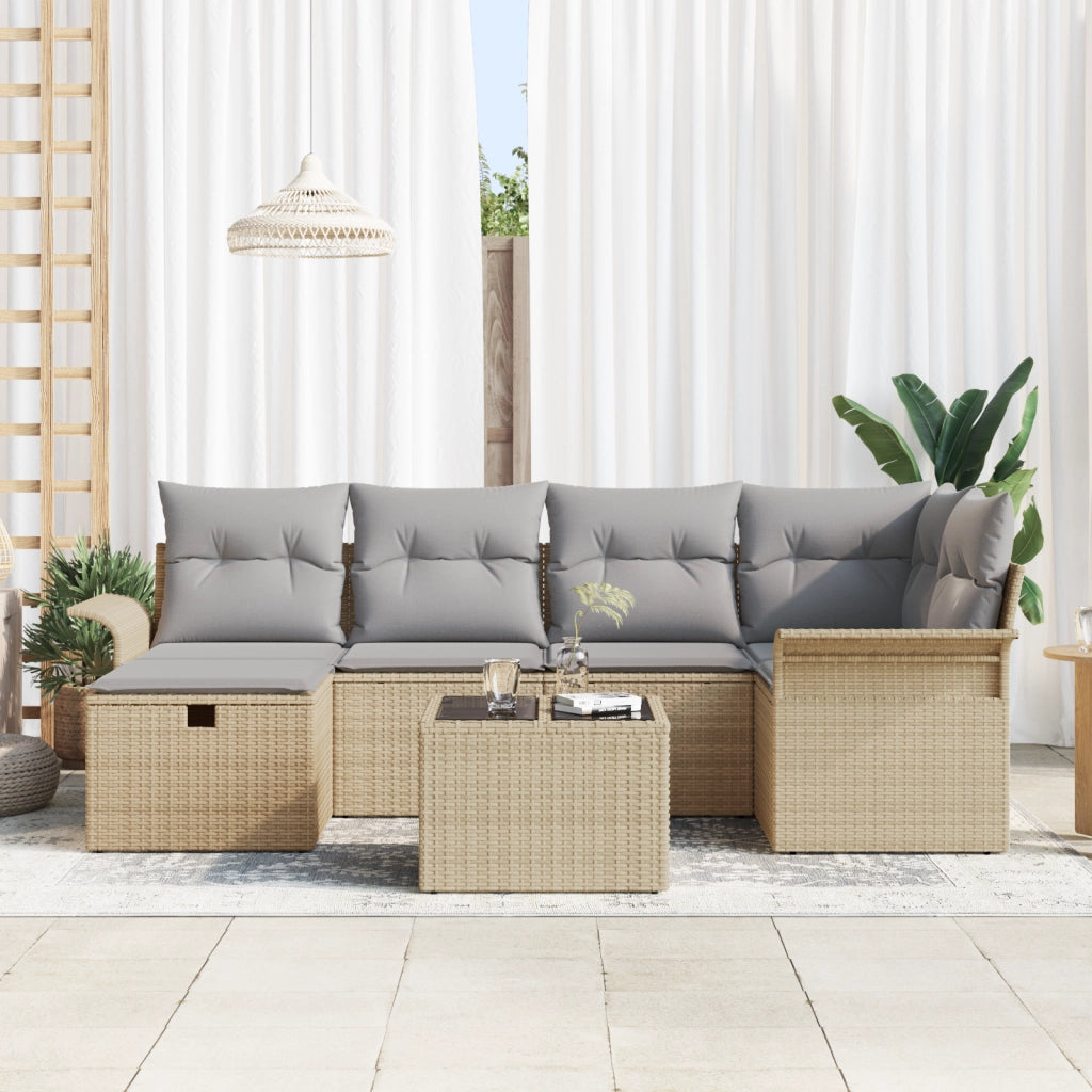 Set Divano da Giardino  7 Pezzi con Cuscini Beige Polirattan