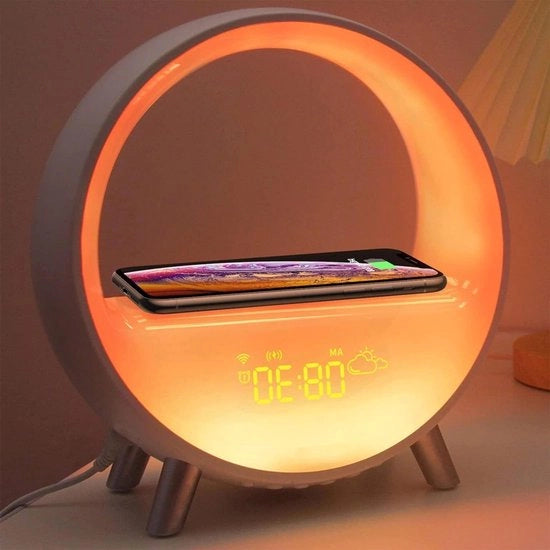 Alarme con Funzione di Luce di Risveglio Intellegente - Simulazione dell'Alba e Lampada del Tramonto con Caricatore USB-C Wireless e Bluetooth.