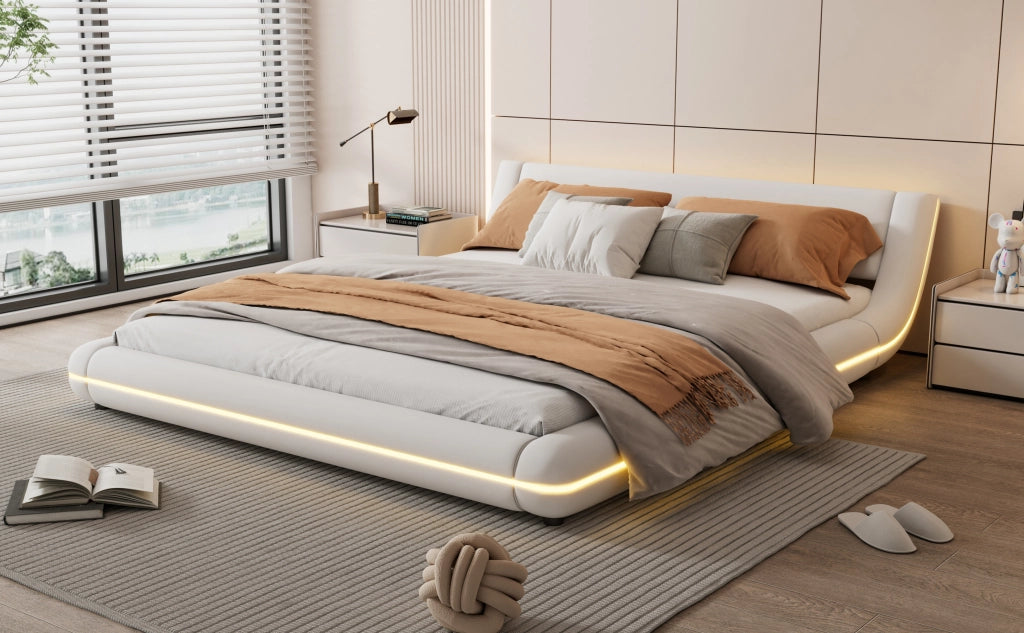 DESMIU Letto basso 160 × 200 cm 2 posti con LED regolabile, senza materasso, in PU, bianco