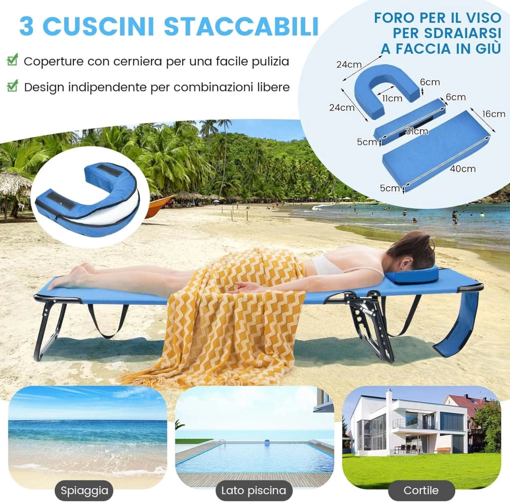 Lettino Pieghevole Spiaggia, Lettino Sdraio da Mare con Foro per il Viso e 3 Cuscini Rimovibili, Schienale Regolabile 5 Posizioni, Lettino Prendisole da Campeggio, Portata 160kg (1, Blu)