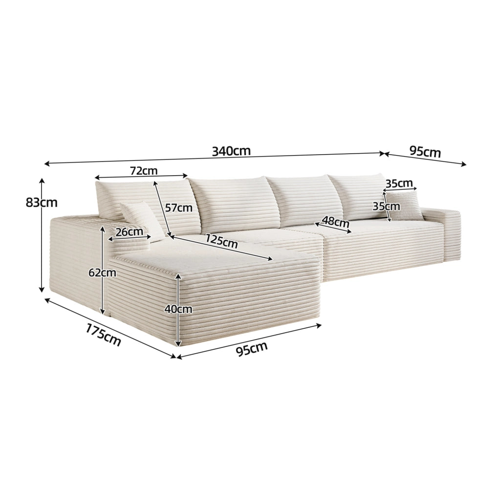 Divano in corduroy a righe bianco, 340 cm