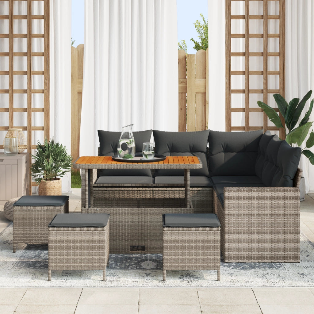 Set Divano Giardino 9 Pezzi con Cuscini Grigio Polyrattan Acacia