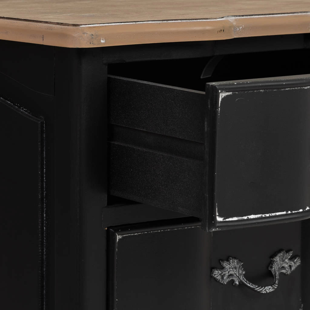 Tavolino in legno laccato nero invecchiato con 3 cassetti 50x40x70