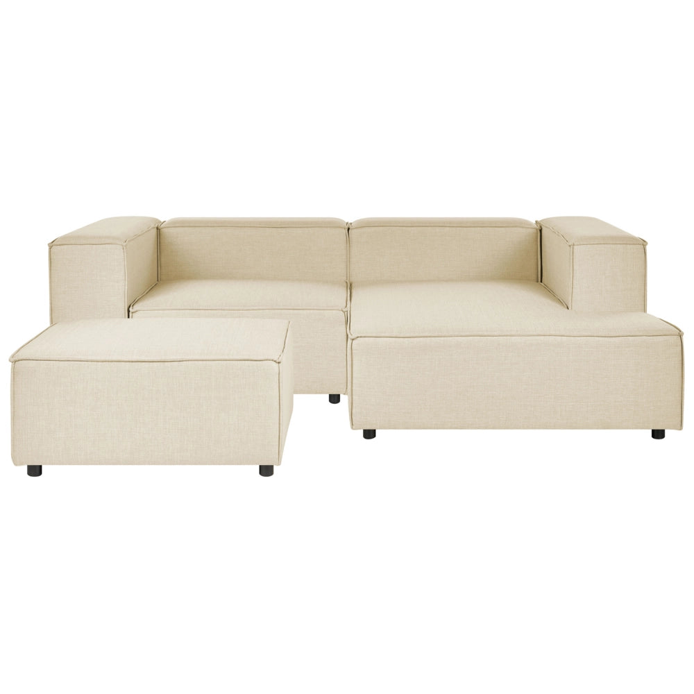 Divano ad angolo 2 posti in lino beige nero con poggiapiedi sinistro modulare stile moderno contemporaneo