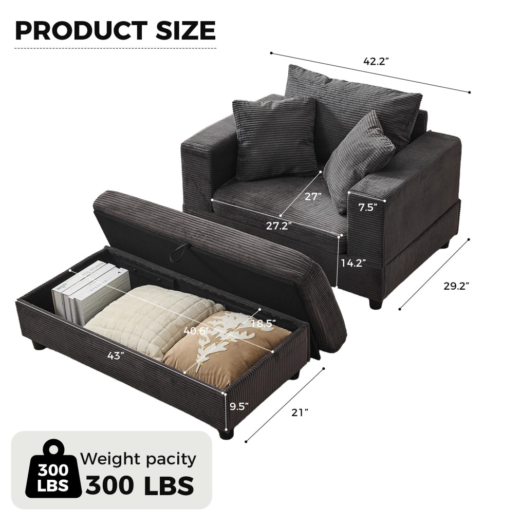 Chaiselongue grigio con portagiochi e 3 cuscini, divano lounge per soggiorno e camera da letto
