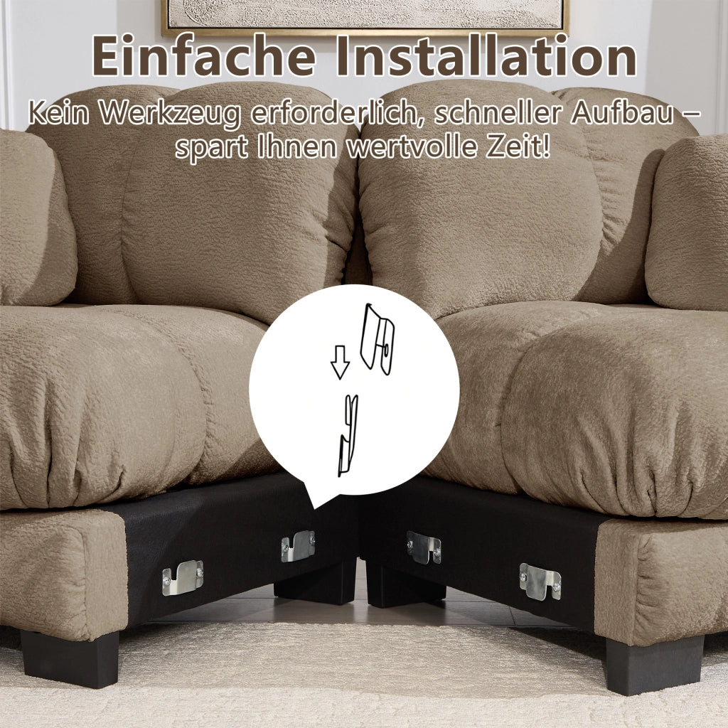 Divano modulare in ciniglia con cuscini trapuntati e seduta spessa, con pouf mobile marrone 190 × 149 × 90 cm