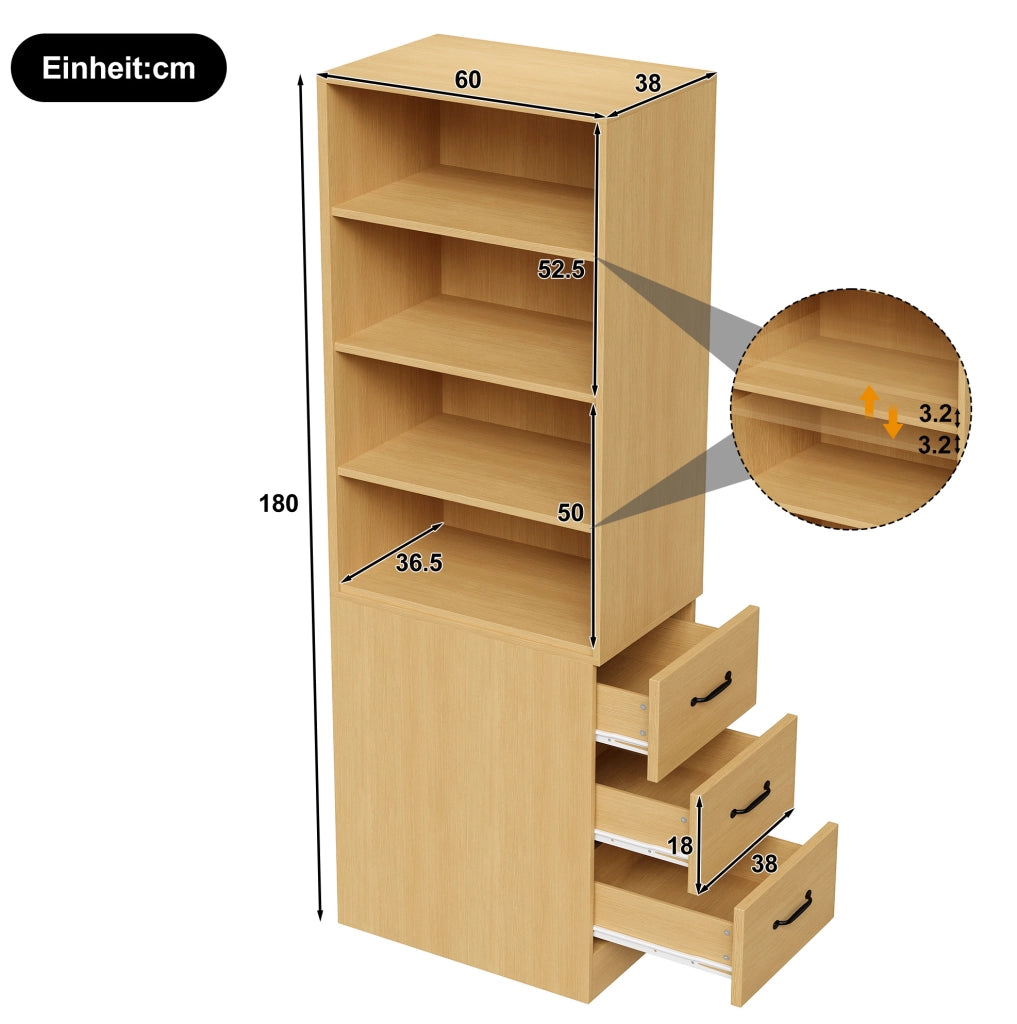 Libreria slim 180 cm con cassetti laterali e ripiani regolabili, ideale per spazi piccoli