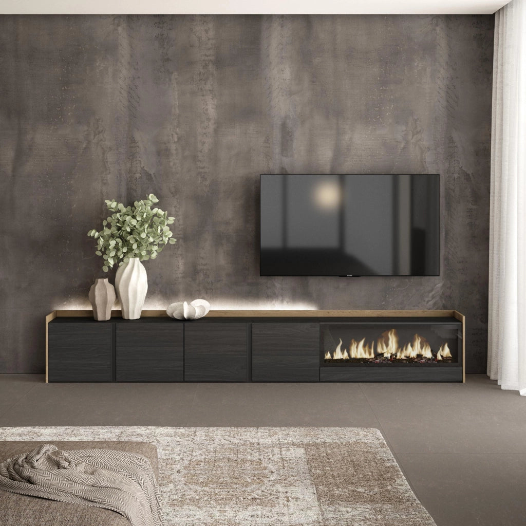 Mobile TV Soggiorno, 315x50x35 cm, Per TV fino a 80", Camino elettrico XXL, LED, Nero e rovere