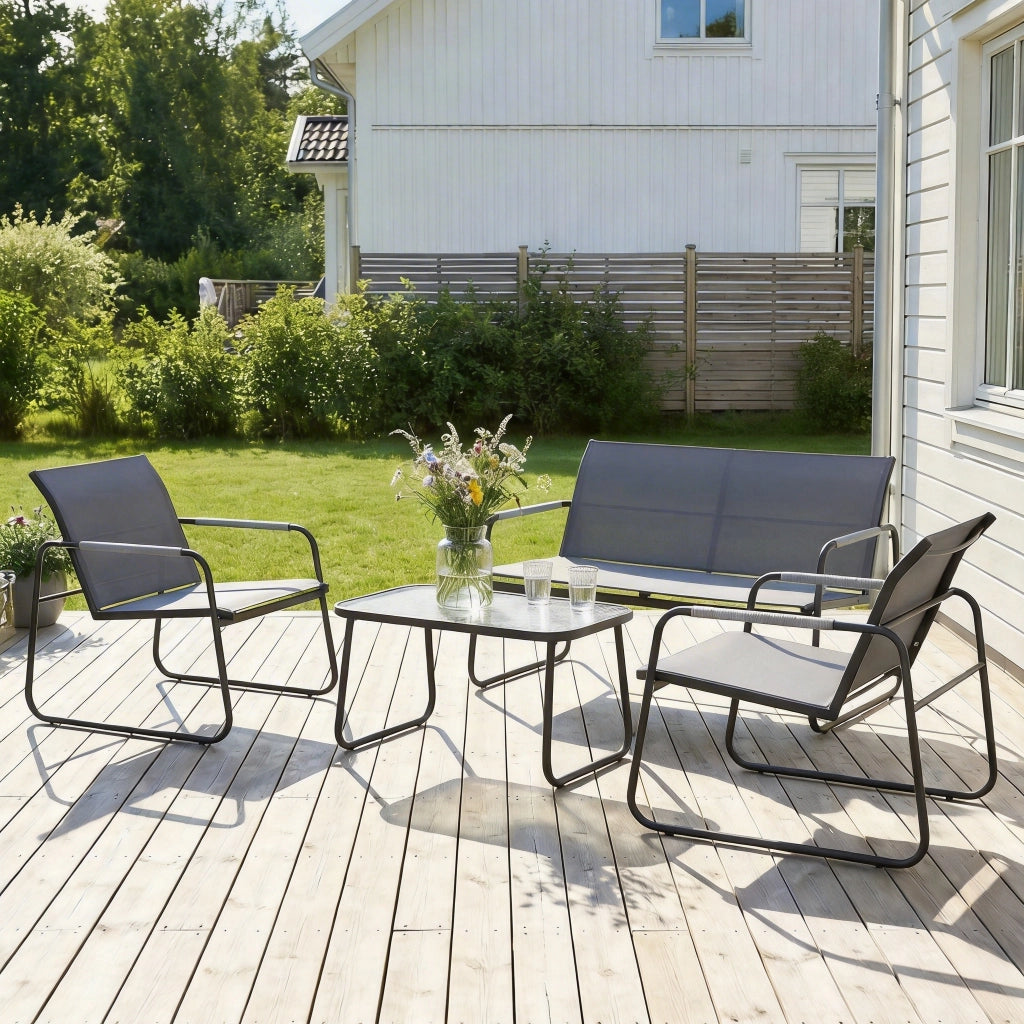 Set 4 Pezzi da Giardino con Divano 2 Posti 2 Sedie e Tavolino Struttura in Metallo Grigio