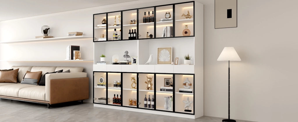 Vetrina alta con LED, ripiani regolabili, 6 cassetti e ante in vetro, per soggiorno, cucina e ufficio, bianco