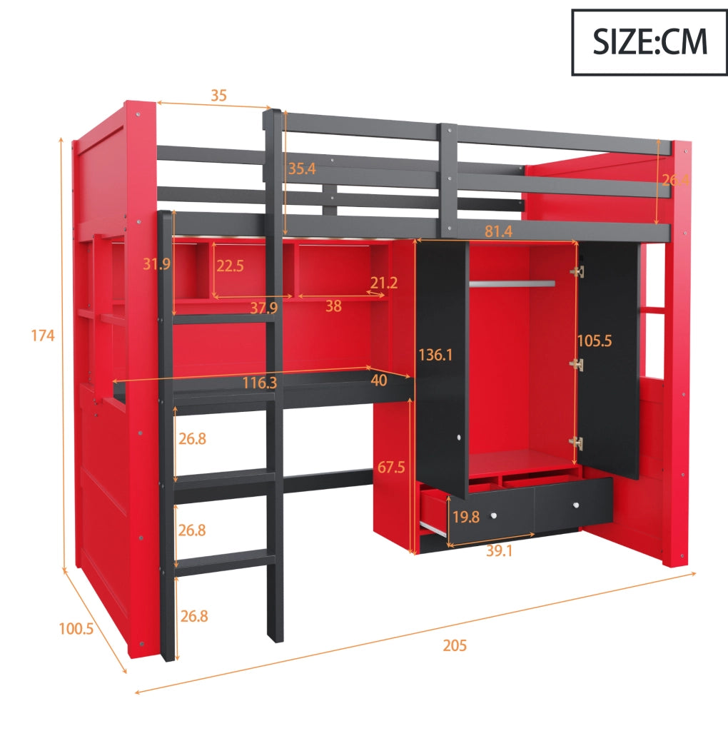 Letto a soppalco 90x200 cm in stile e-sport; con LED; prese; scrivania e armadio; nero e rosso