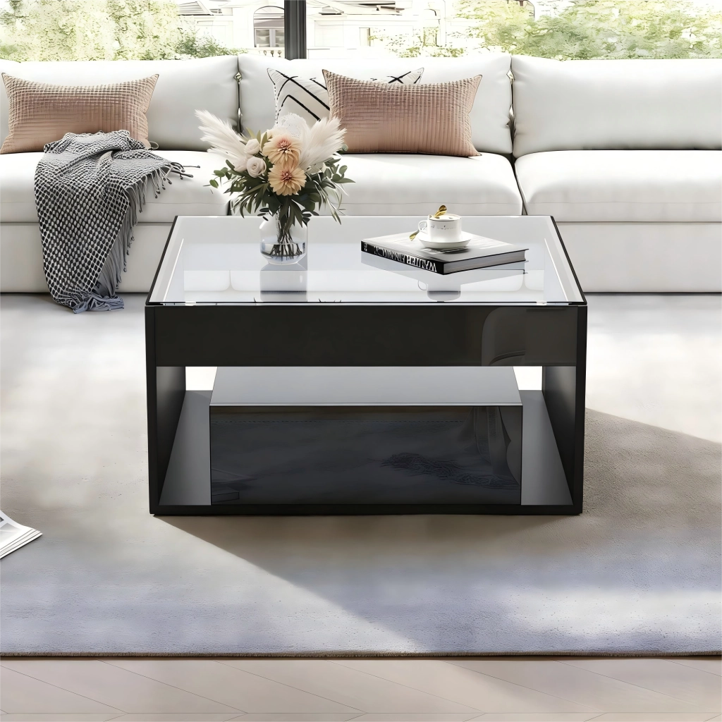 Tavolino da caffè 70x70x35 cm; 2 cassetti con LED; MDF e vetro temperato nero