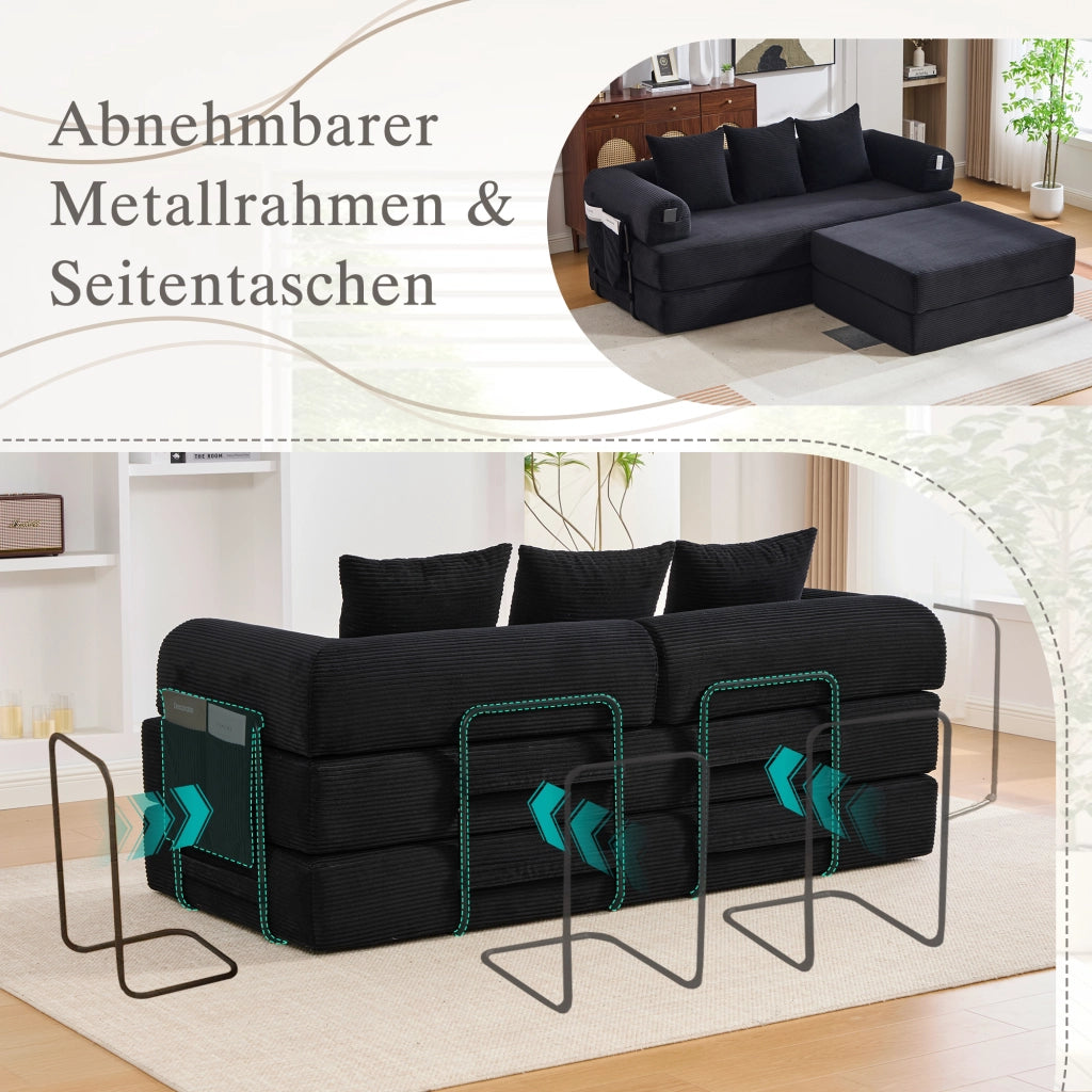 DIVANO modulare in velluto a coste 200x190x67 cm nero con 3 cuscini e pouf
