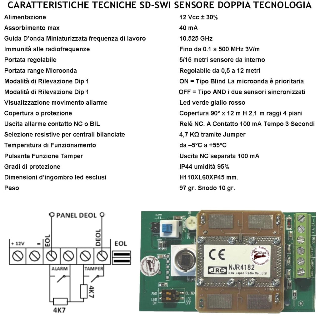 Doppia Tecnologia Grandangolo Tre Sensori di Movimento Antifurto Portata 12 MT da Interno Rileva Intruso Aliment. 12 V Assorb. 40 mA Infrarosso Lente 25 Fasci su 4 Piani Contenitore Bianco Snodo ABS