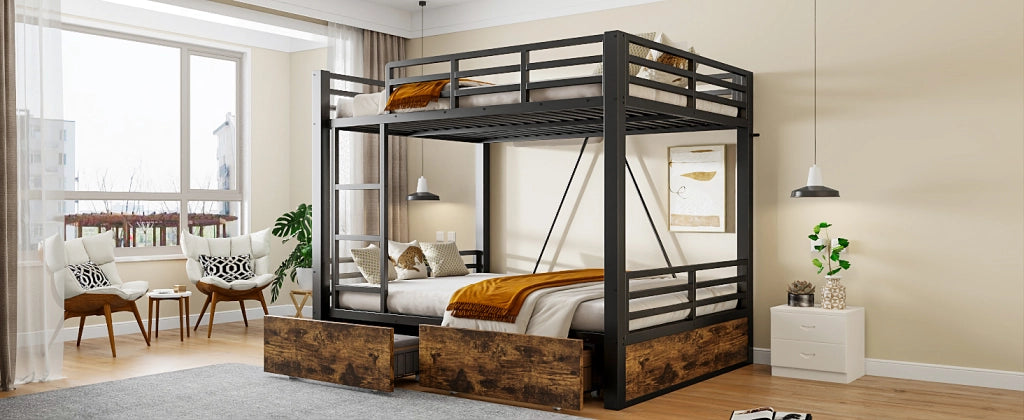 DESMIU Letto a castello 140 × 200 cm 2 posti con 2 cassetti, scala e sponda, senza materasso, nero