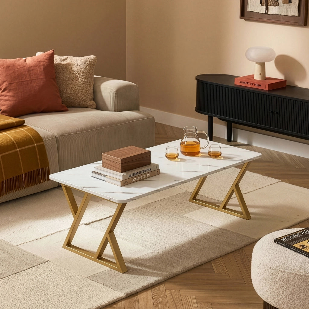Tavolino da Caffè Nolu con Piano Rettangolare 120 x 60 x 46 cm - Effetto Marmo Bianco/Oro [en.casa]