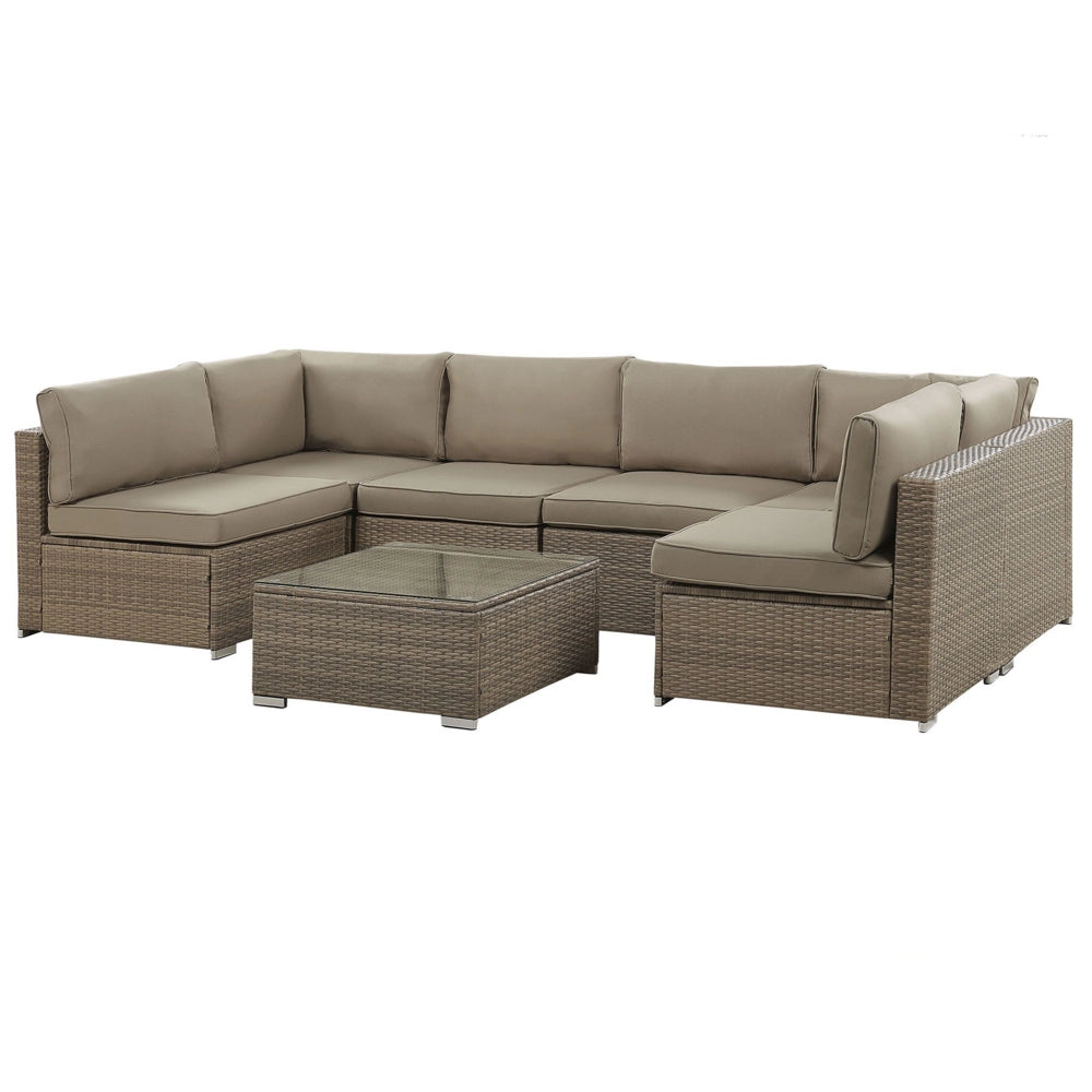 Set salotto esterni Cuscini rattan sintetico marrone Divano angolare modulare 6 persone Tavolino piano vetro temperato Set giardino 7 pezzi