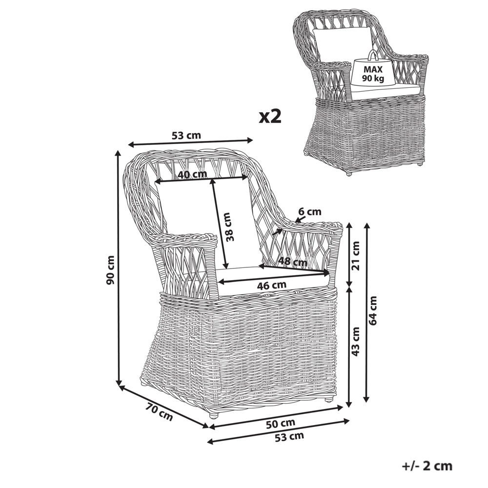 Poltrona da giardino in rattan naturale con cuscini dello schienale in cotone bianco sporco per interni ed esterni