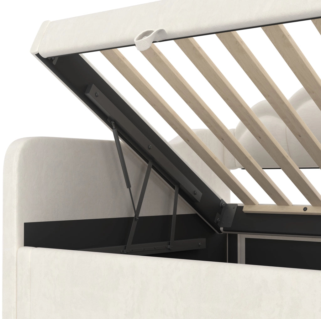 Divano letto 90x200 cm con contenitore; LED e sollevamento idraulico in velluto beige