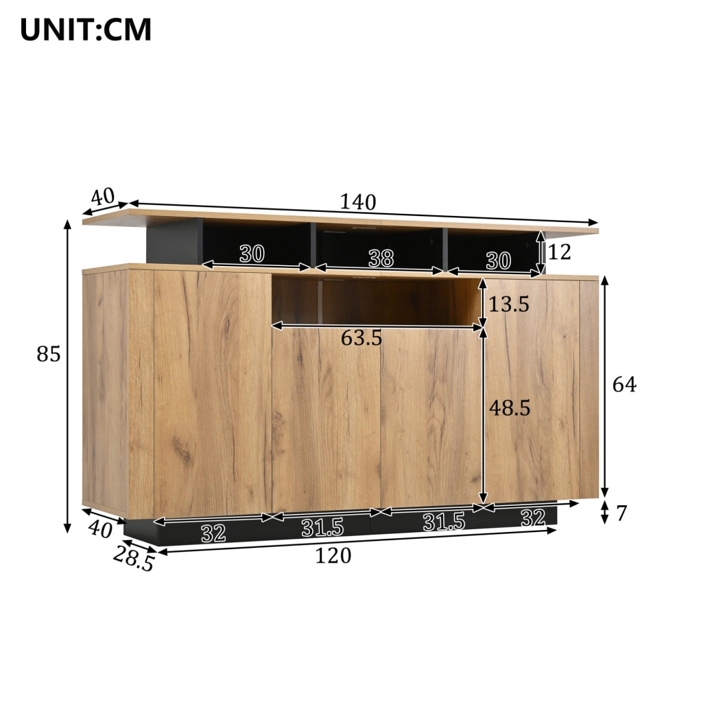 Sideboard Natural con 4 ante e 3 vani a giorno, 140x40x85 cm