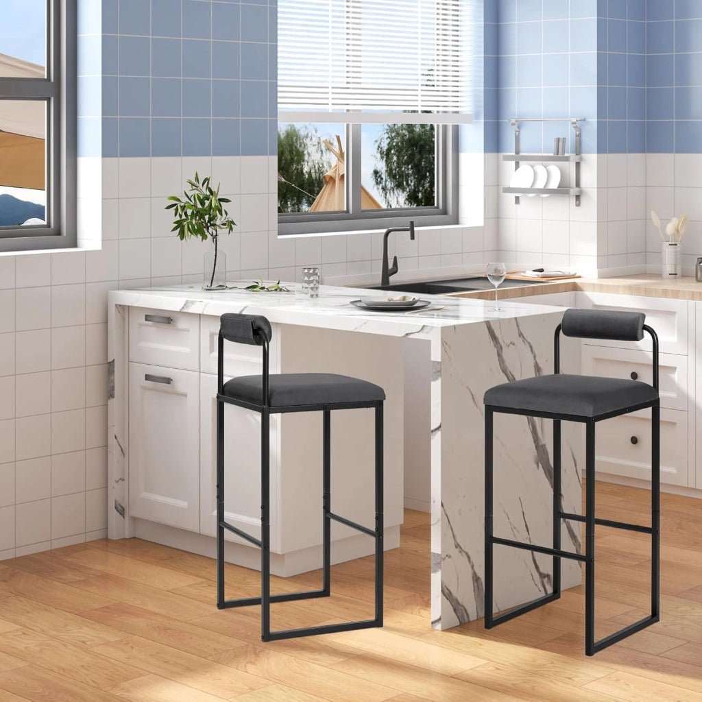 2x Sgabelli da Bar con Poggiapiedi, Sedie Alte con Schienale, Design Moderno, Sgabelli da Cucina Imbottiti in Velluto e Metallo, Grigio Scuro BH343dgr-2