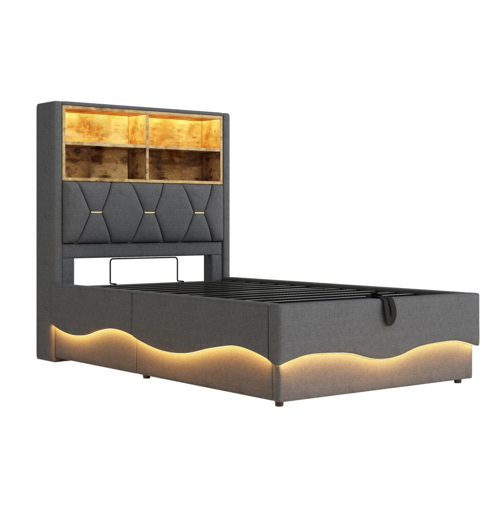 Letto imbottito 90x200 cm con contenitore; LED e USB in lino e metallo grigio
