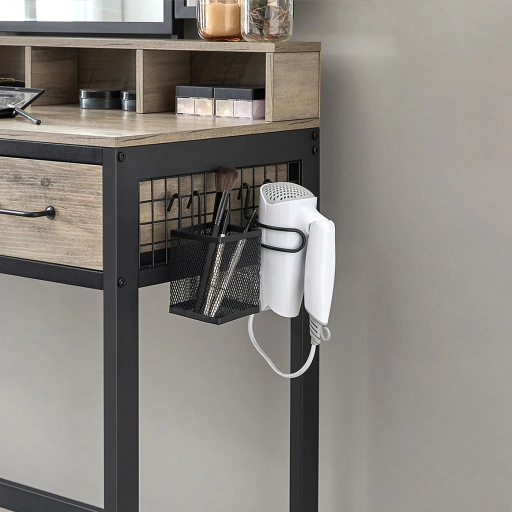 Set da toeletta 90 x 40 x 141 cm con sgabello imbottito specchio triplo 3 cassetti porta asciugacapelli stile industriale marrone rustico e nero 12_0005418